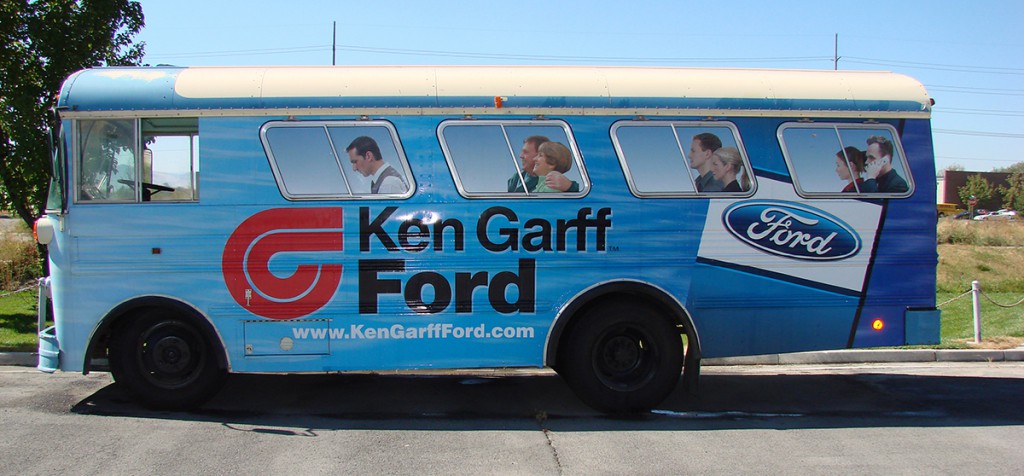 creative advertisement wrap for Ford on a bus